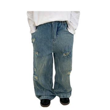 Baby Kid Unisex Solid Color Ripped Pants Jeans