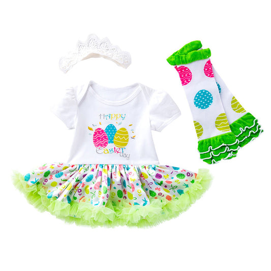 3 Pieces Set Baby Girls Easter Cartoon Print Rompers And Headwear And Polka dots Others accessories