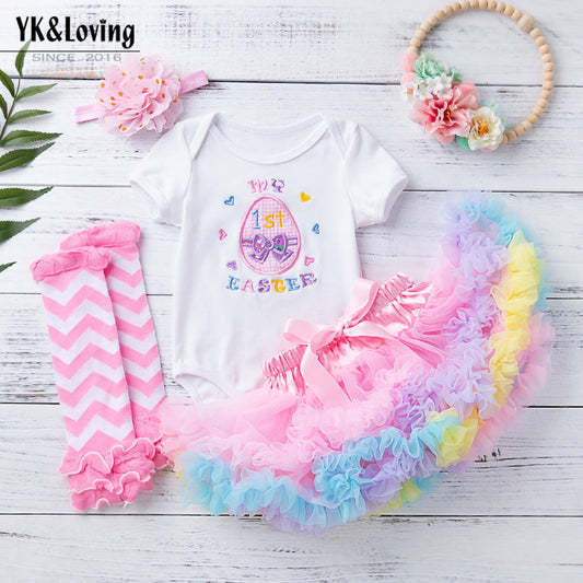 4 Pieces Set Baby Girls Easter Cartoon Print Rompers And Rainbow Skirts And Flower Headwear And Striped Others accessories