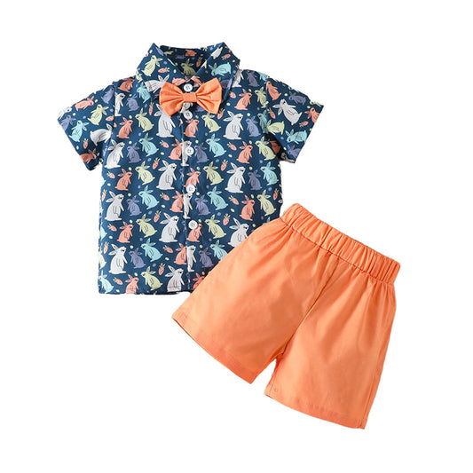 2 Pieces Set Baby Kid Boys Easter Rabbit Print Shirts And Solid Color Shorts