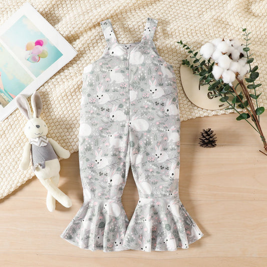 Baby Kid Girls Flower Rabbit Print Easter Jumpsuits