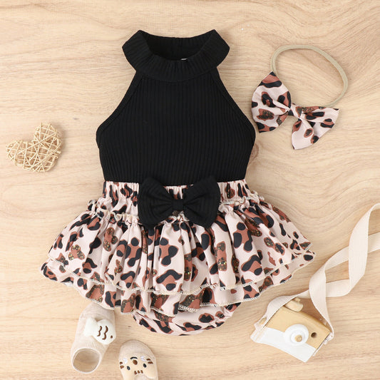 3 Pieces Set Baby Girls Solid Color Tops Leopard Shorts And Bow Headwear