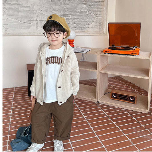 Cute Baby Kid Unisex Solid Color Cardigan And Pants