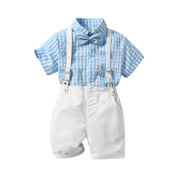 2 Pieces Set Baby Kid Boys Birthday Party Checked Shirts And Solid Color Rompers