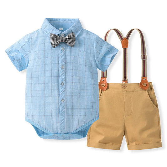 3 Pieces Set Baby Boys Checked Bow Rompers And Solid Color Shorts And Others accessories