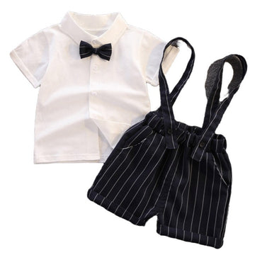 2 Pieces Set Baby Kid Boys Solid Color Bow Shirts And Striped Rompers