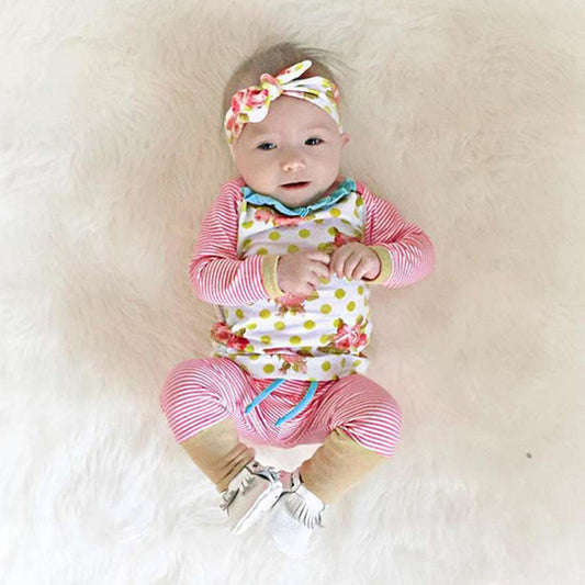 3 Pieces Set Baby Girls Flower Tops Striped Pants And Bow Headwear