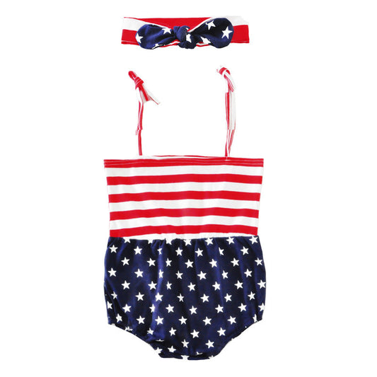 Fashion Baby Kid Girls Striped Star Print Rompers Accessories Headwear