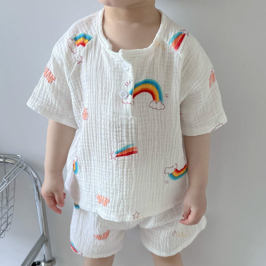 Fashion 2 Pieces Set Baby Kid Unisex Dinosaur Rainbow Cartoon Tops And Shorts