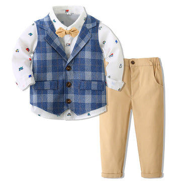 3 Pieces Set Baby Kid Boys Checked Vests Waistcoats And Car Cartoon Bow Print Shirts And Solid Color Pants Suits