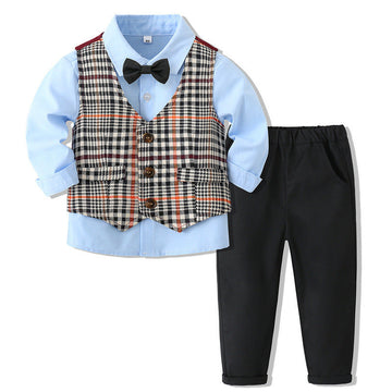 3 Pieces Set Baby Kid Boys Dressy Party Checked Vests Waistcoats And Solid Color Bow Shirts And Pants Suits