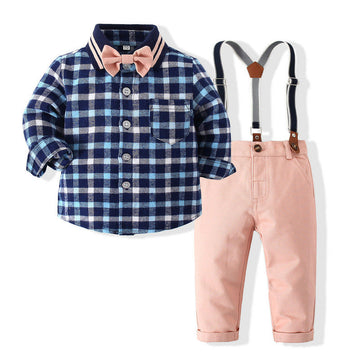 2 Pieces Set Baby Kid Boys Dressy Checked Bow Shirts And Solid Color Suits Jumpsuits