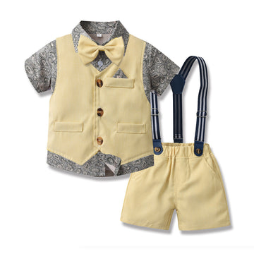 3 Pieces Set Baby Kid Boys Birthday Party Flower Bow Shirts Vests Waistcoats And Color-blocking Rompers