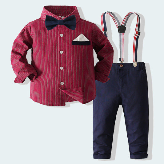 2 Pieces Set Baby Kid Boys Birthday Party Bow Shirts And Striped Jumpsuits