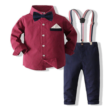 2 Pieces Set Baby Kid Boys Birthday Party Bow Shirts And Striped Jumpsuits