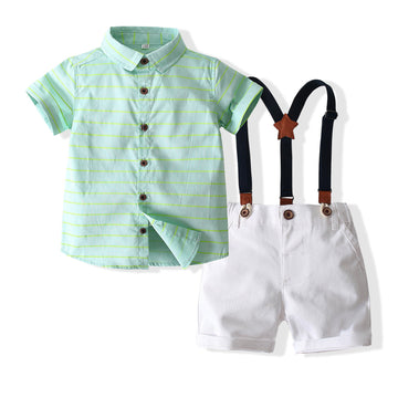 2 Pieces Set Kid Boys Striped Shirts And Solid Color Rompers