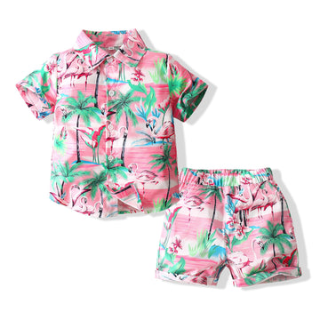 2 Pieces Set Baby Kid Boys Beach Flamingo Plant Print Shirts And Shorts