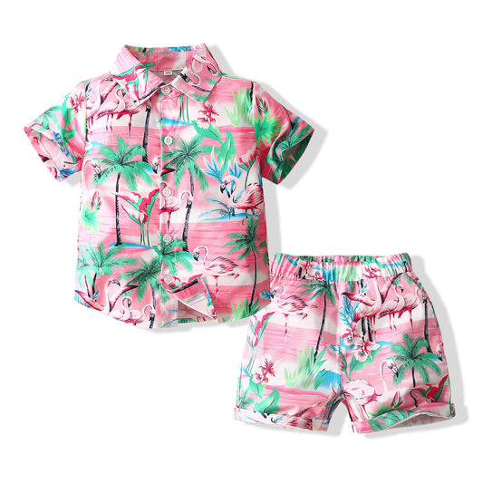 2 Pieces Set Baby Kid Boys Beach Flamingo Plant Print Shirts And Shorts