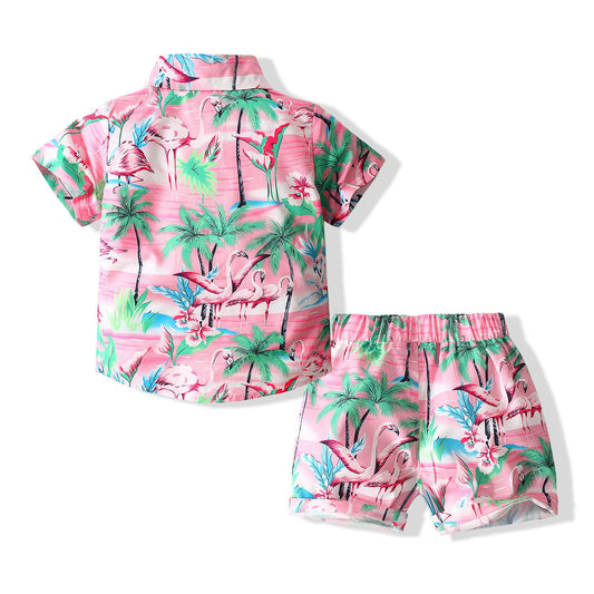 2 Pieces Set Baby Kid Boys Beach Flamingo Plant Print Shirts And Shorts