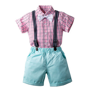 2 Pieces Set Baby Kid Boys Birthday Checked Bow Shirts And Solid Color Rompers