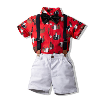 2 Pieces Set Baby Kid Boys Birthday Party Cartoon Bow Print Shirts And Color-blocking Rompers