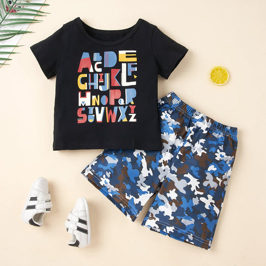 2 Pieces Set Baby Kid Boys Letters Cartoon Print T-Shirts And Camo Shorts