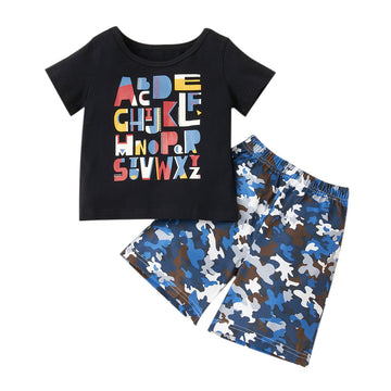 2 Pieces Set Baby Kid Boys Letters Cartoon Print T-Shirts And Camo Shorts