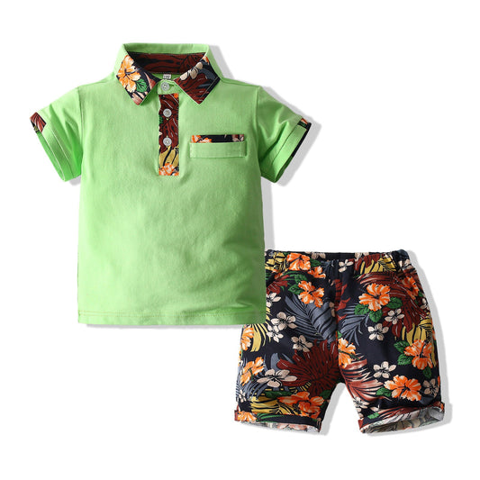 2 Pieces Set Baby Kid Boys Flower Print Polo Shirts And Shorts