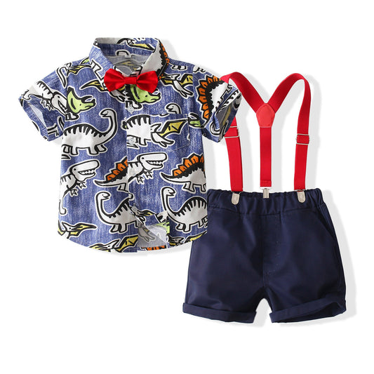 2 Pieces Set Baby Kid Boys Dinosaur Print Shirts And Solid Color Rompers