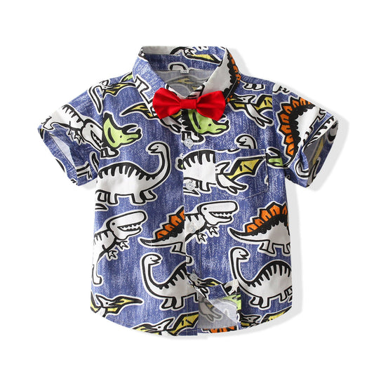 2 Pieces Set Baby Kid Boys Dinosaur Print Shirts And Solid Color Rompers