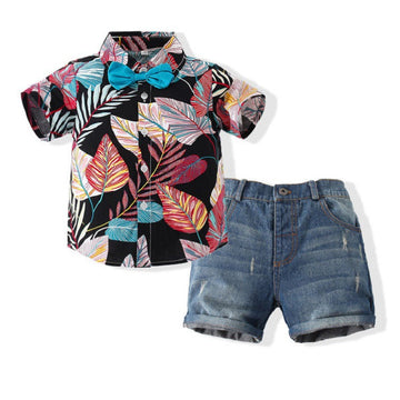 2 Pieces Set Baby Kid Boys Plant Print Shirts And Ripped Shorts