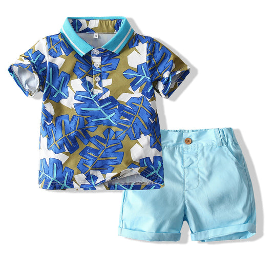 2 Pieces Set Baby Kid Boys Plant Print Polo Shirts And Solid Color Shorts