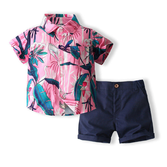 2 Pieces Set Baby Kid Boys Animals Print Shirts And Solid Color Shorts