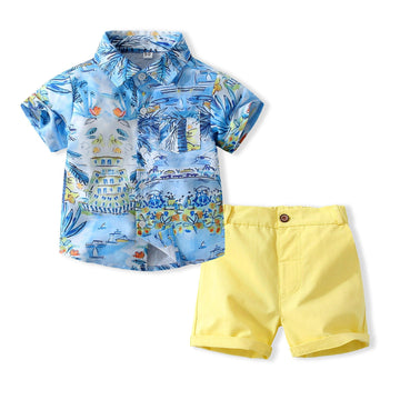 2 Pieces Set Baby Kid Boys Print Shirts And Solid Color Shorts