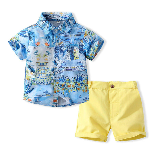 2 Pieces Set Baby Kid Boys Print Shirts And Solid Color Shorts