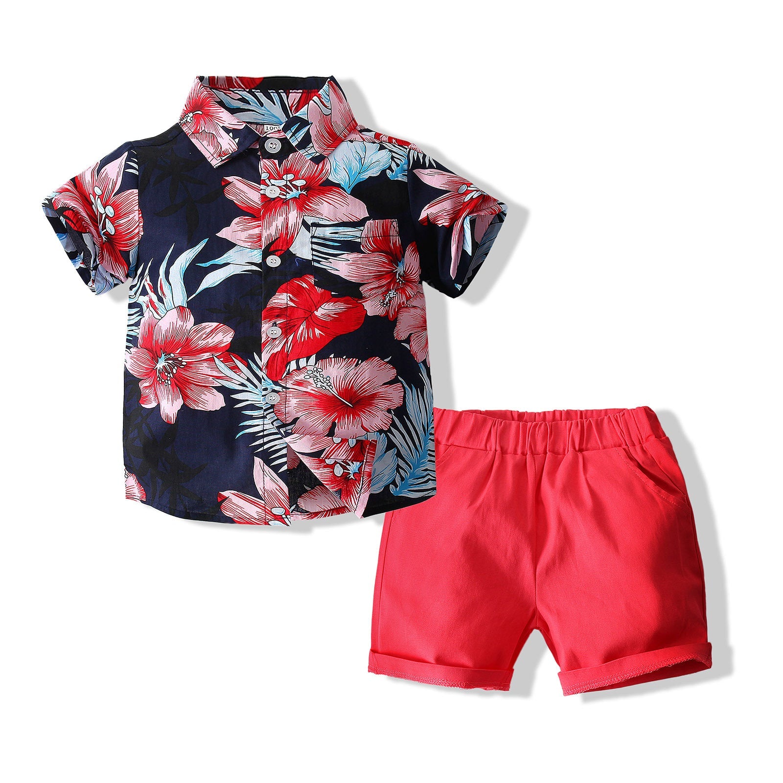 2 Pieces Set Baby Kid Boys Flower Print Shirts And Solid Color Shorts