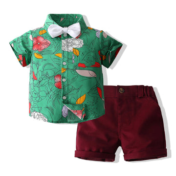 2 Pieces Set Baby Kid Boys Birthday Party Flower Bow Print Shirts And Solid Color Shorts