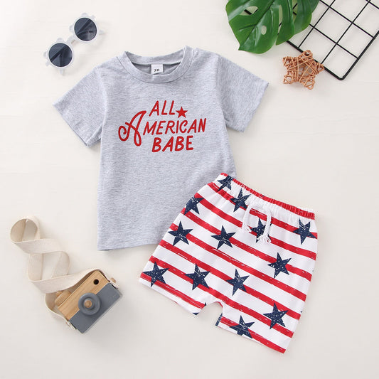 2 Pieces Set Baby Boys Letters T-Shirts And Striped Star Shorts