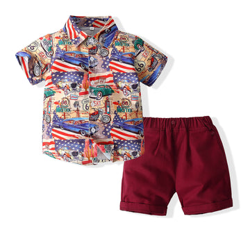 2 Pieces Set Baby Kid Boys Car Cartoon Print Shirts And Solid Color Shorts