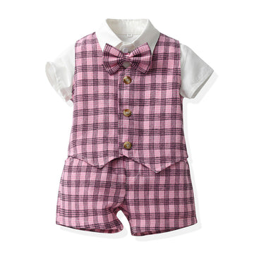 3 Pieces Set Baby Kid Boys Birthday Solid Color Bow Shirts And Checked Vests Waistcoats And Shorts