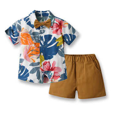 2 Pieces Set Baby Kid Boys Bow Print Shirts And Solid Color Shorts