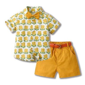 2 Pieces Set Baby Kid Boys Birthday Flower Bow Print Shirts And Solid Color Ribbon Shorts