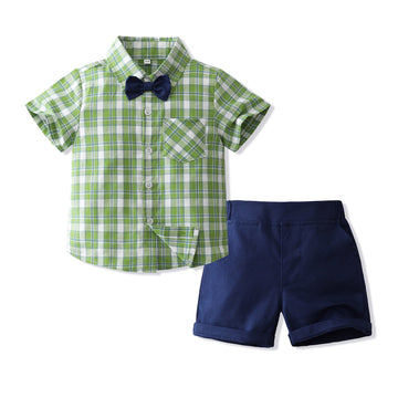 2 Pieces Set Baby Kid Boys Dressy Checked Bow Shirts And Solid Color Shorts