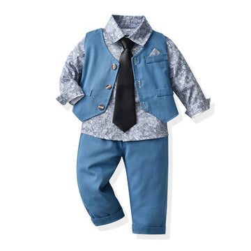 3 Pieces Set Baby Kid Boys Birthday Party Flower Bow Print Shirts And Solid Color Vests Waistcoats And Pants