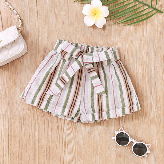 Baby Kid Girls Striped Ribbon Shorts