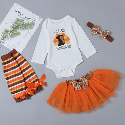 4 Pieces Set Baby Girls Halloween Cartoon Print Rompers Bow Skirts Headwear And Striped Others accessories