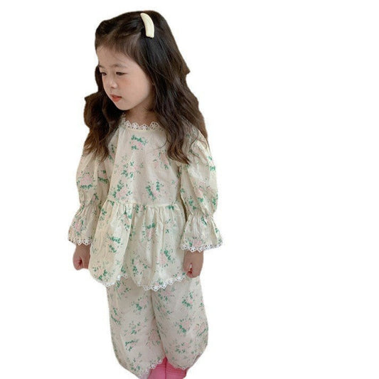 2 Pieces Set Baby Kid Girls Flower Print Tops And Pants Sleepwears