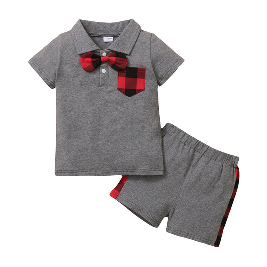 2 Pieces Set Baby Kid Boys Color-blocking Bow Polo Shirts And Shorts