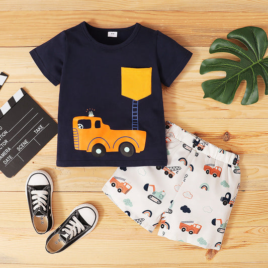 2 Pieces Set Baby Kid Boys Car Print T-Shirts And Shorts