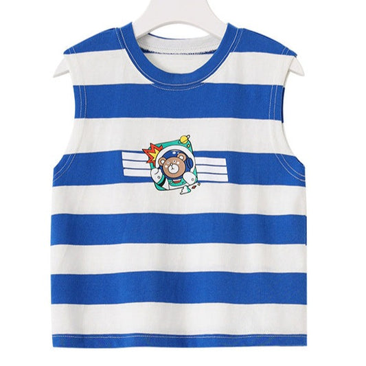 Fashion Kid Boys Striped Cartoon Print Tank Tops